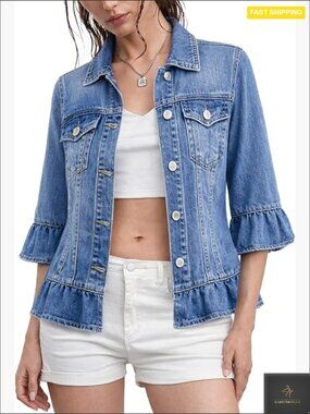 Denim Jacket 3/4 Ruffle Sleeve Lightweight Shacket Feminine Chic Spring Summer